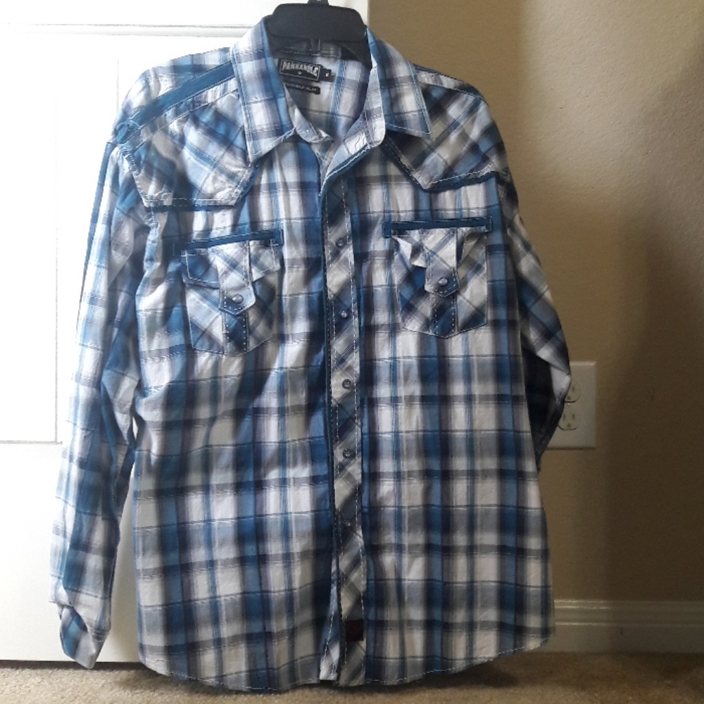 Blue and white plaid XL men's dress shirt